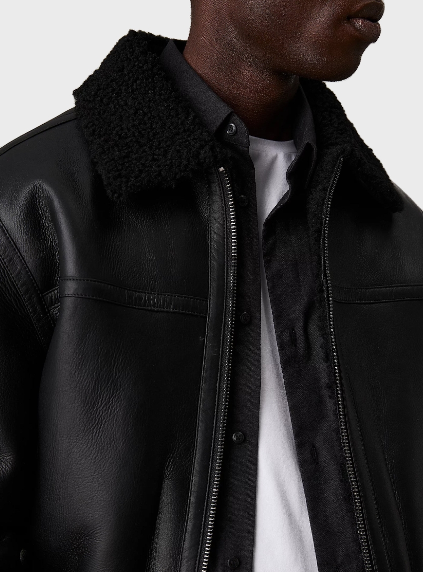 Calvin Klein Leather Shearling Aviator Jacket - Black