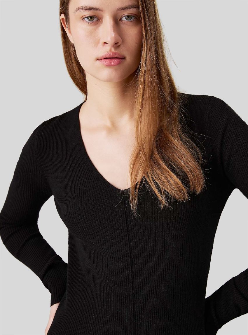 Calvin Klein Soft Rib V-Neck Midi Dress - Black