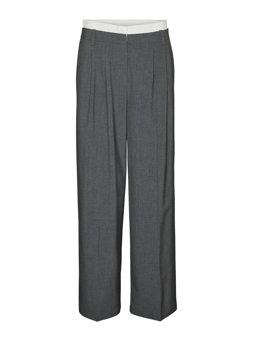 Vero Moda Madja Mid Waist Wide Boxer Detail Trousers - Dark Grey Melange