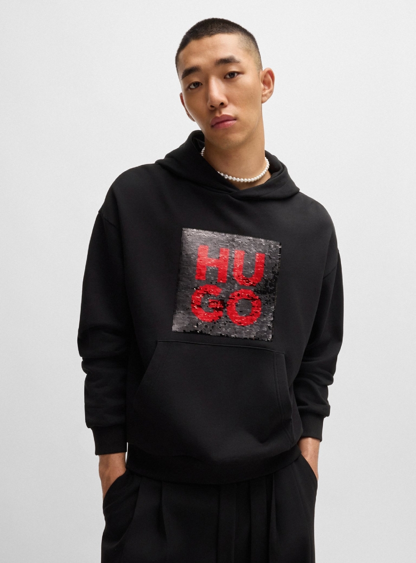 HUGO Relaxed Fit Hoodie Deseqino - Black