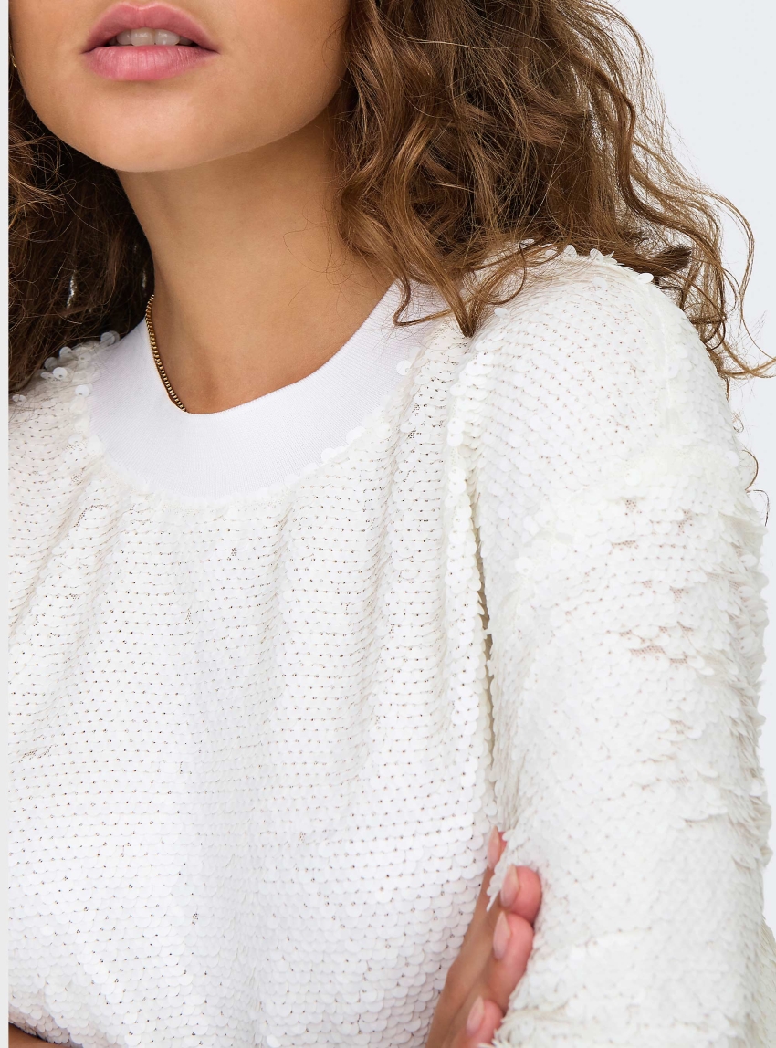 Only Fiona Sequins Box Fit Tee - Off White