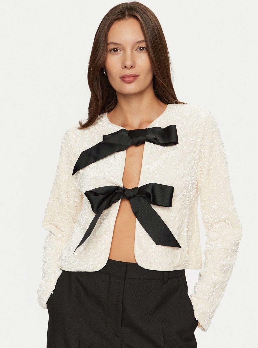 Only Anika Sequins Bow Top - White