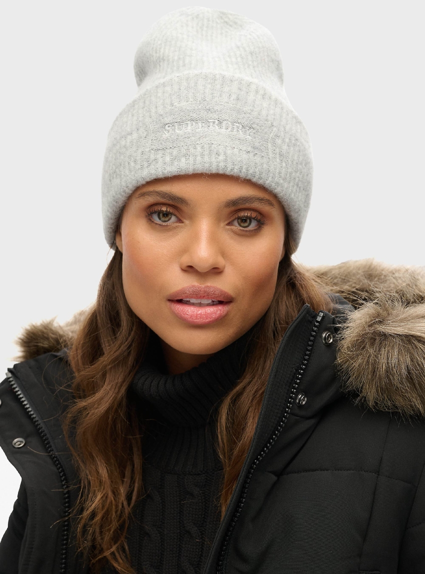 Superdry Soft Rib Knit Beanie Hat - Grey Melange