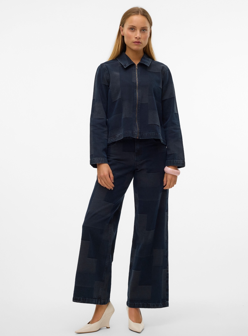 Vero Moda Remy Mid Rise Wide Patchwork Jeans - Dark Aged Denim