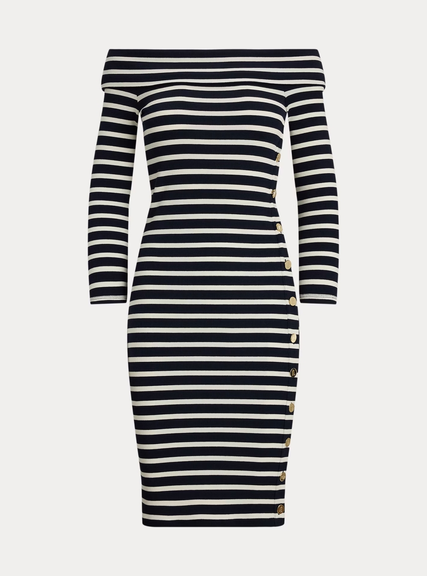 LAUREN Ralph Lauren Striped Ribbed Off-The-Shoulder Dress - Navy