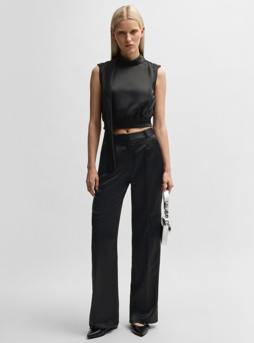 HUGO Relaxed-Fit Cargo Satin Trousers Hanira-1 - Black