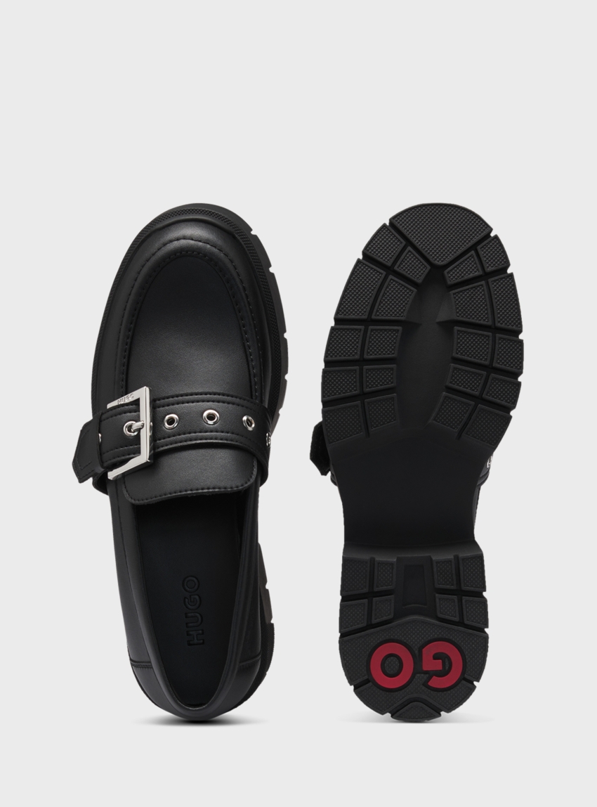 HUGO Buckle Strap Faux Leather Loafers Kris_Loafer_BKCLT - Black