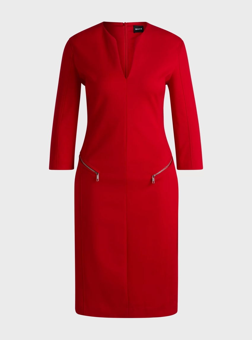 BOSS V-Neck Dress With Zipped Pockets And Cropped Sleeves  Dalmar - Red