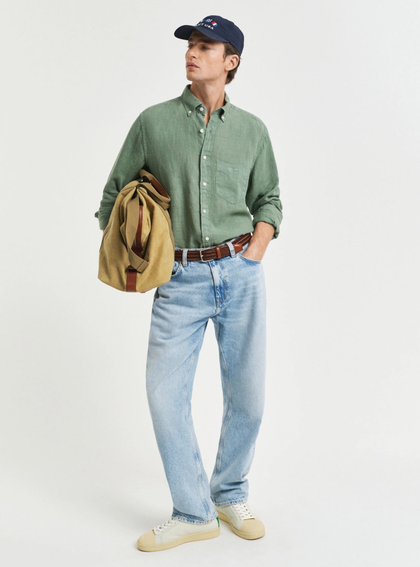 Gant Regular Fit Garment-Dyed Linen Shirt - Olive 