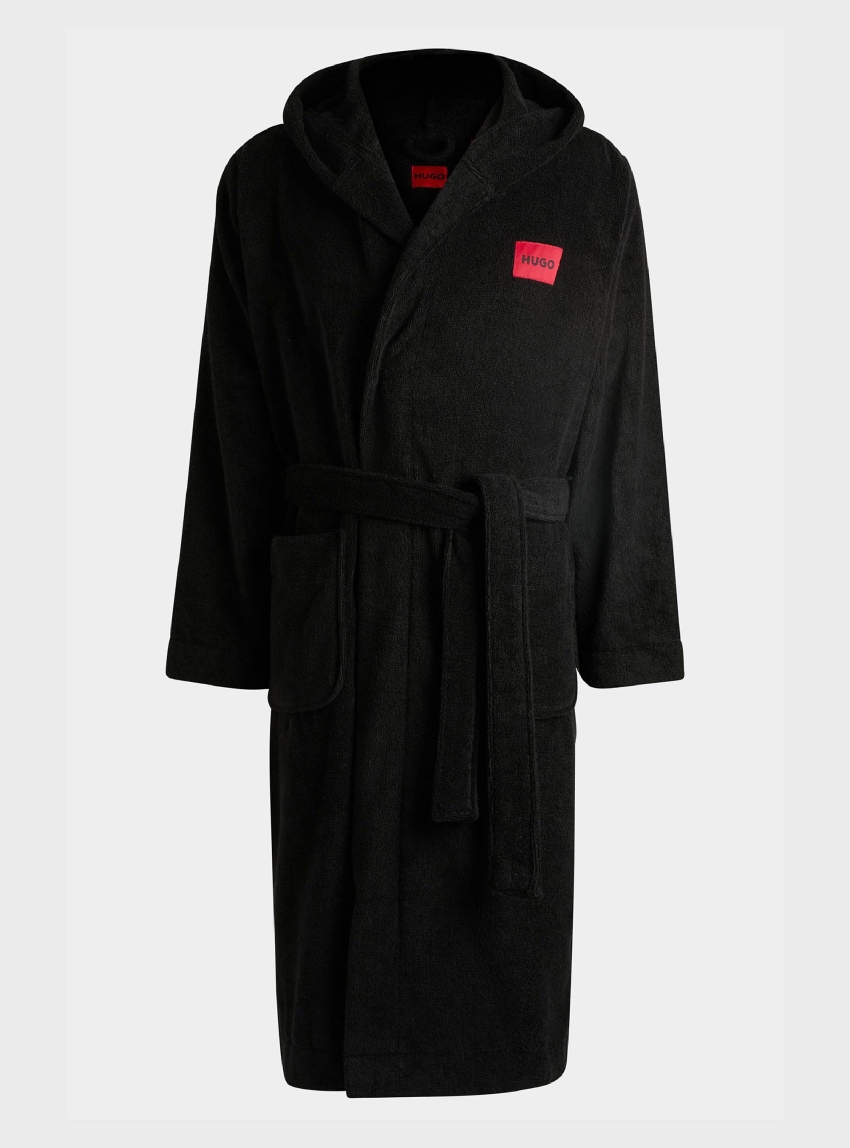 HUGO Dressing Gown With Red Logo Label Terry Gown Hooded - Black