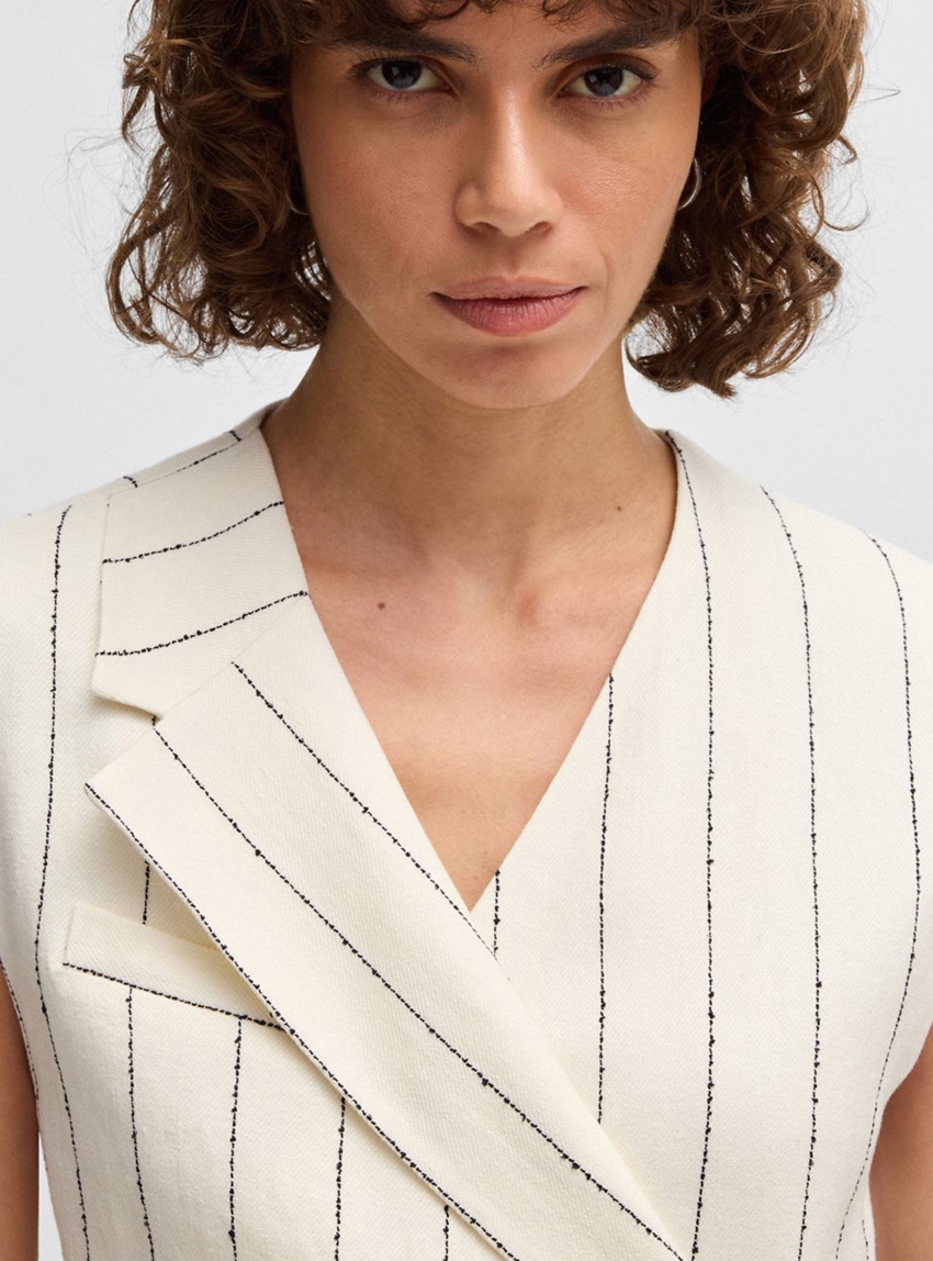 BOSS Wrap-Front Dress In A Pinstripe Linen Blend Dagania - Ecru