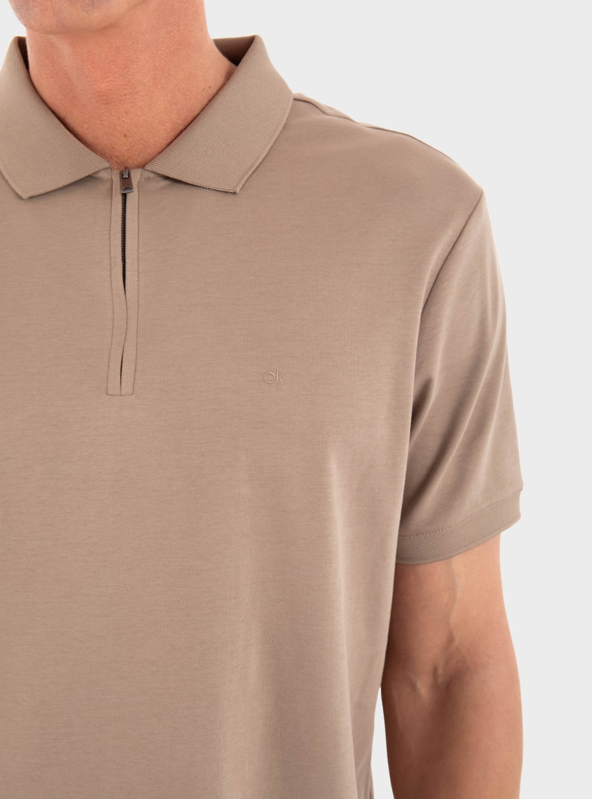 Calvin Klein Smooth Cotton Welt Zip Polo Shirt - Light Brown