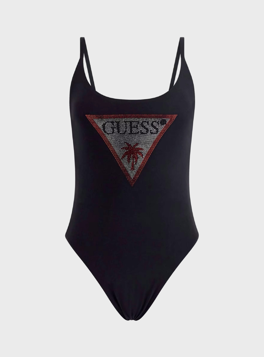 Guess Rhinestones Triangle Logo Swimsuit - Jet Black