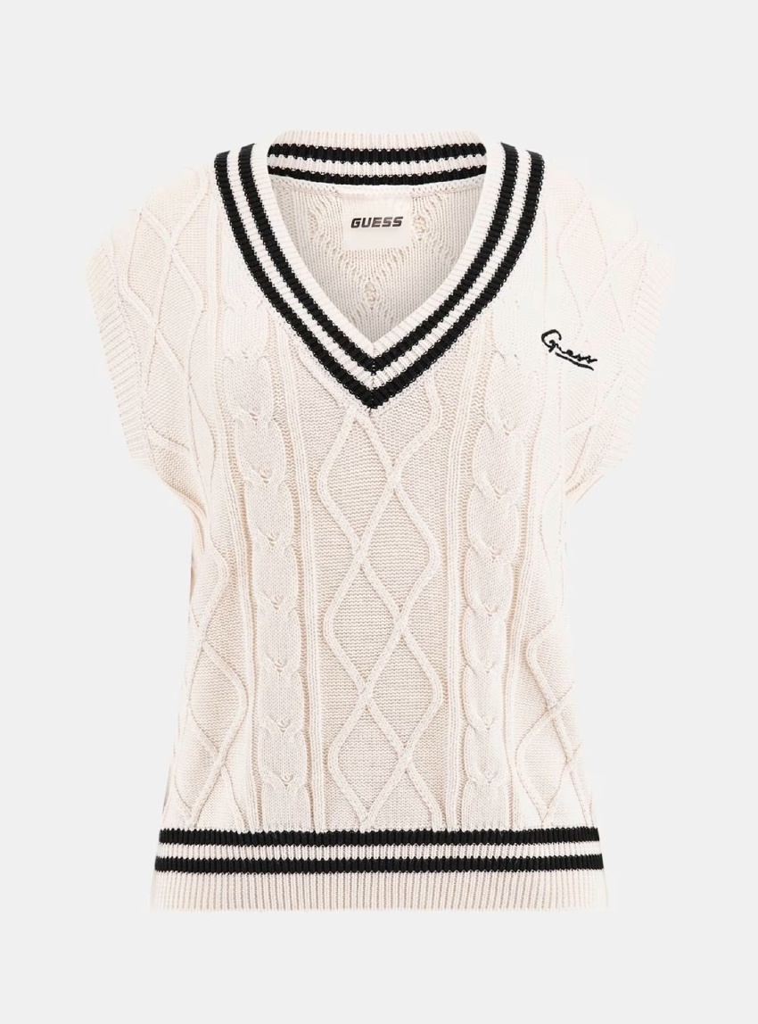 Guess Cable-Knit V-Neck Sweater - Ecru