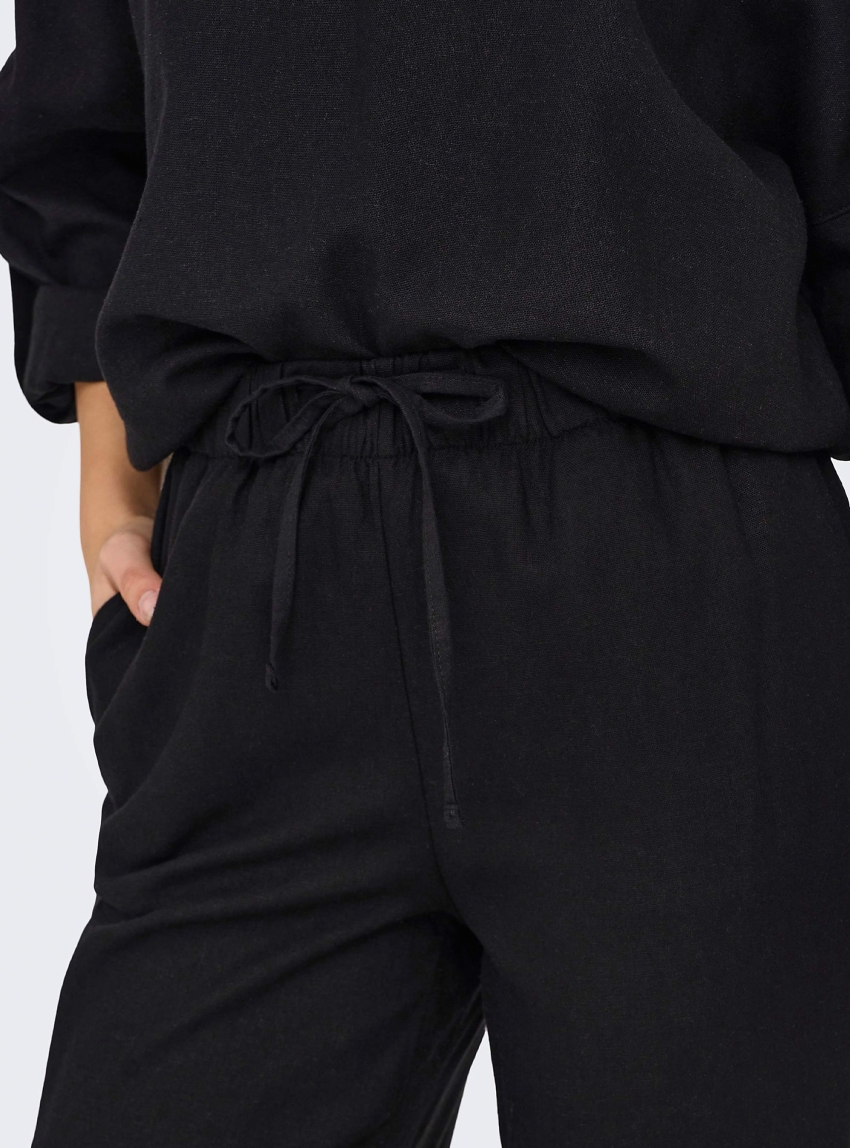 Only Caro Mid Waist Linen Blend Pull-Up Pants - Black