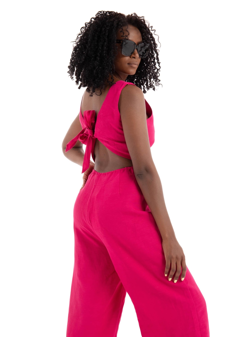 Only Windy Bow Linen Blend Jumpsuit - Fuchsia