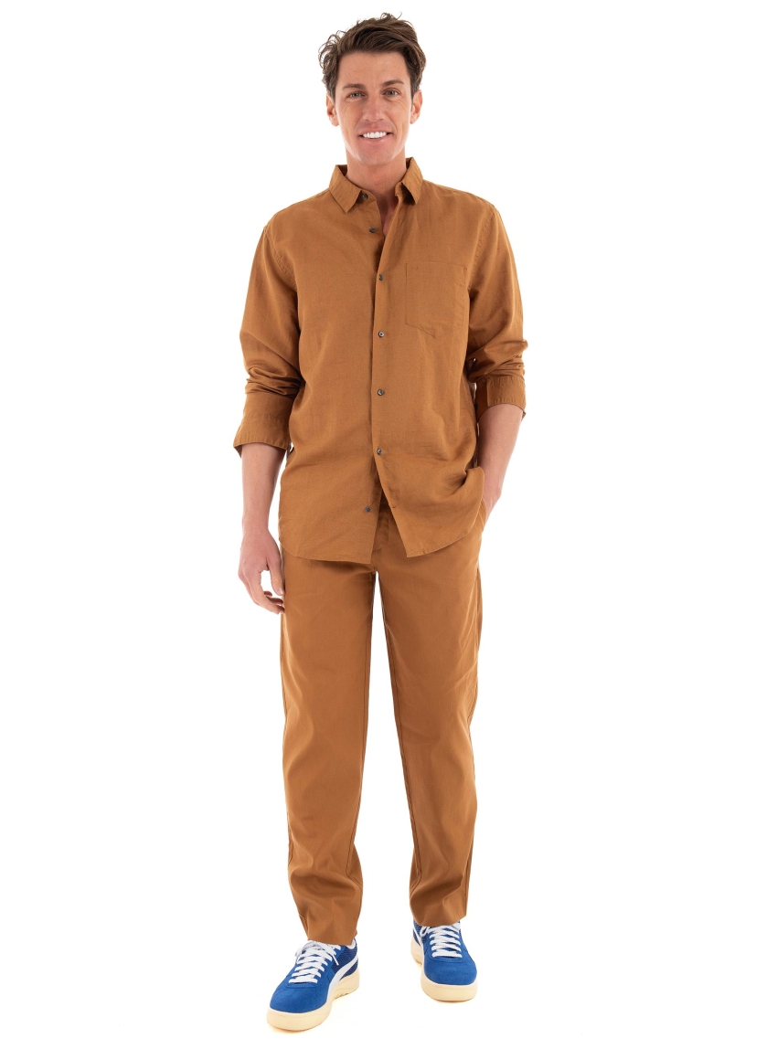 Calvin Klein Regular Fit Linen Cotton Shirt - Camel