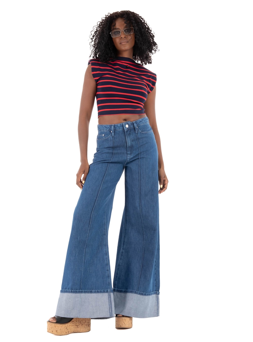 Karl Lagerfeld Folded Wide Leg Jeans - Medium Aged Denim