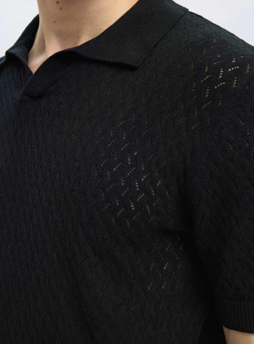 Selected Lino Knit Crochet Open Polo - Black