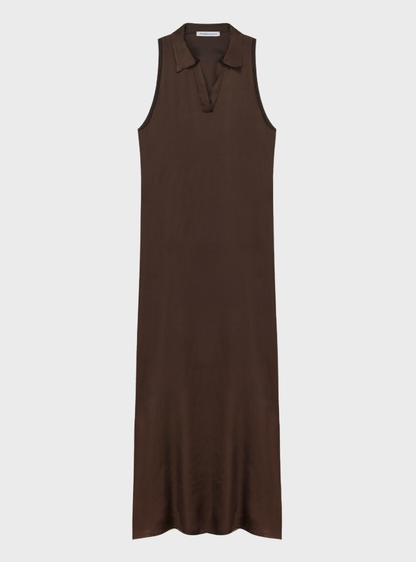 motivi Long dress with satin collar - Brown