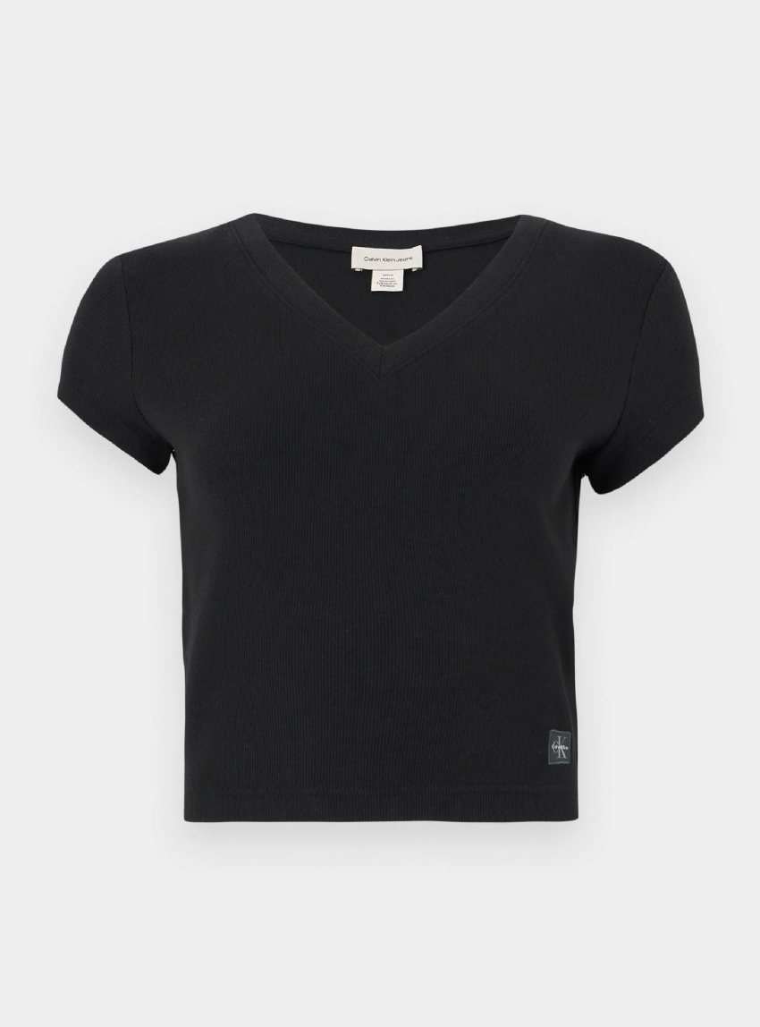 Calvin Klein Ribbed Cotton V-Neck T-shirt - Black