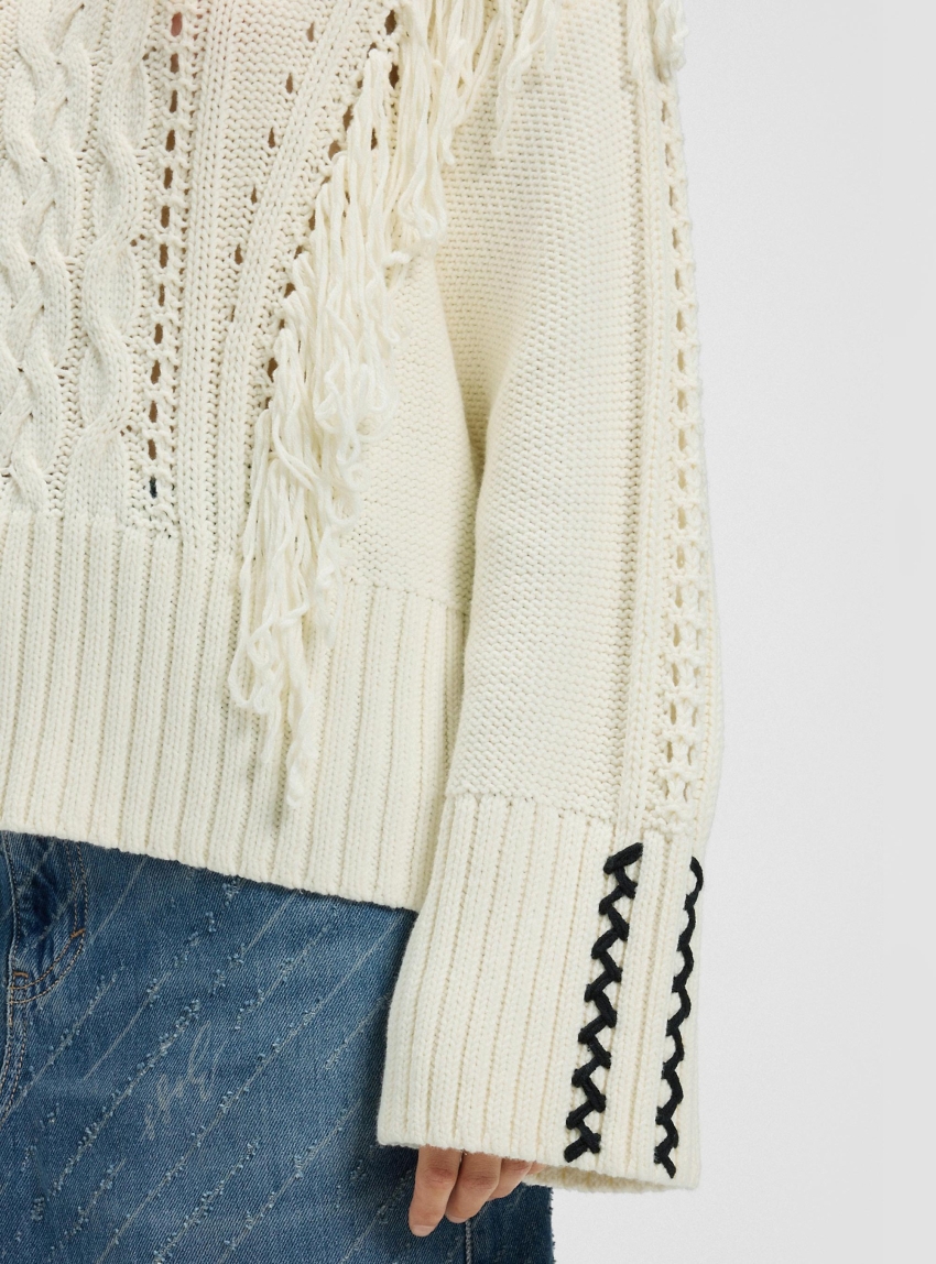 BOSS Knitted Fringed Pullover C_Fitto - Ecru
