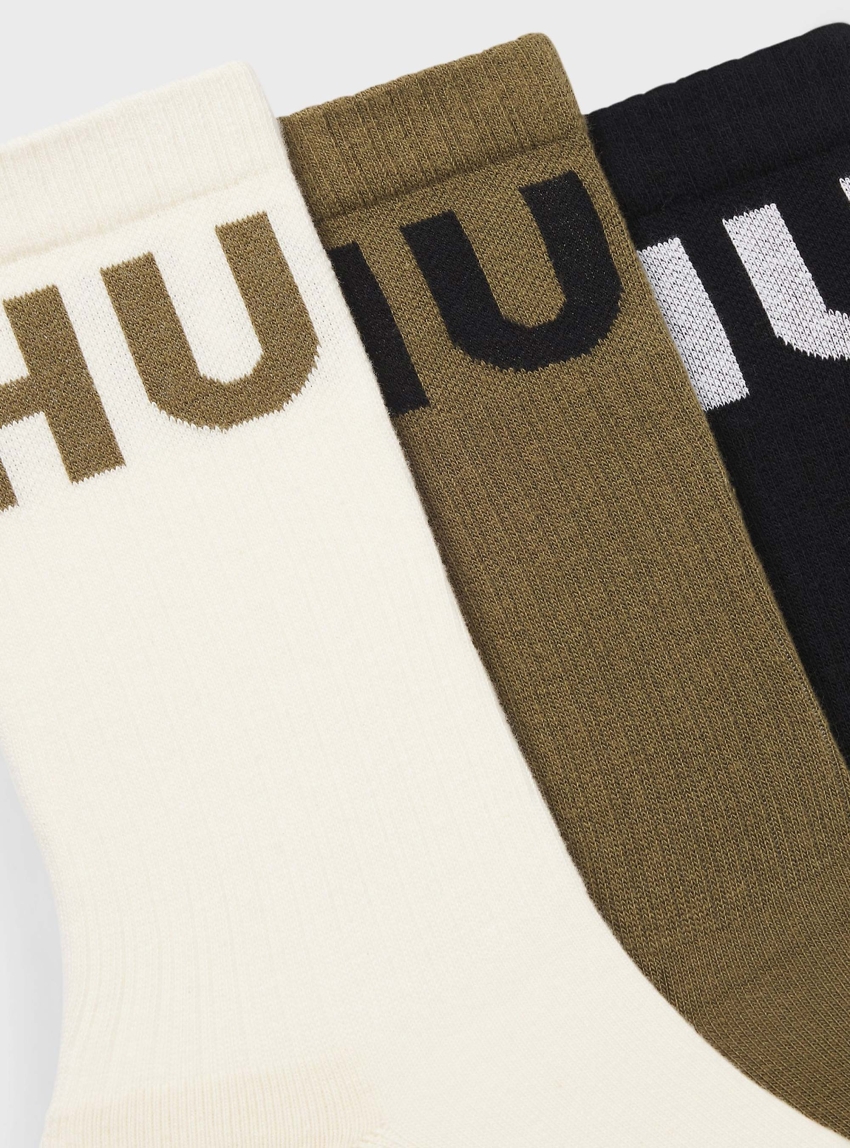 HUGO Three-Pack Of Ribbed Short Socks With Logos 3P QS ICONIC CC - Olive 