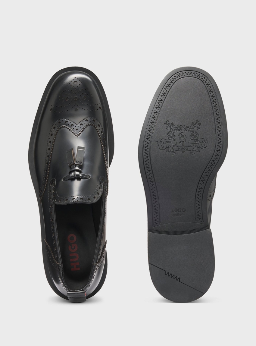 HUGO Leather Loafers With Brogue Details Lysander_loaf_bobr - Black