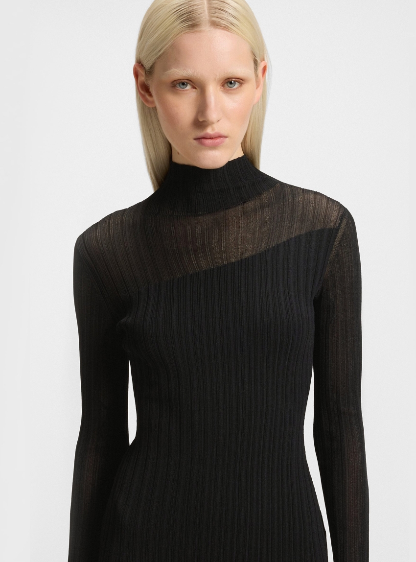 HUGO Ribbed Crepe Bodycon Dress With Sheer And Solid Effects Siclaminy - Black