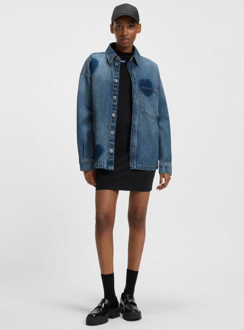 HUGO Rigid-Denim Shirt With Printed Hearts  Garesa_2_B - Medium Aged Denim