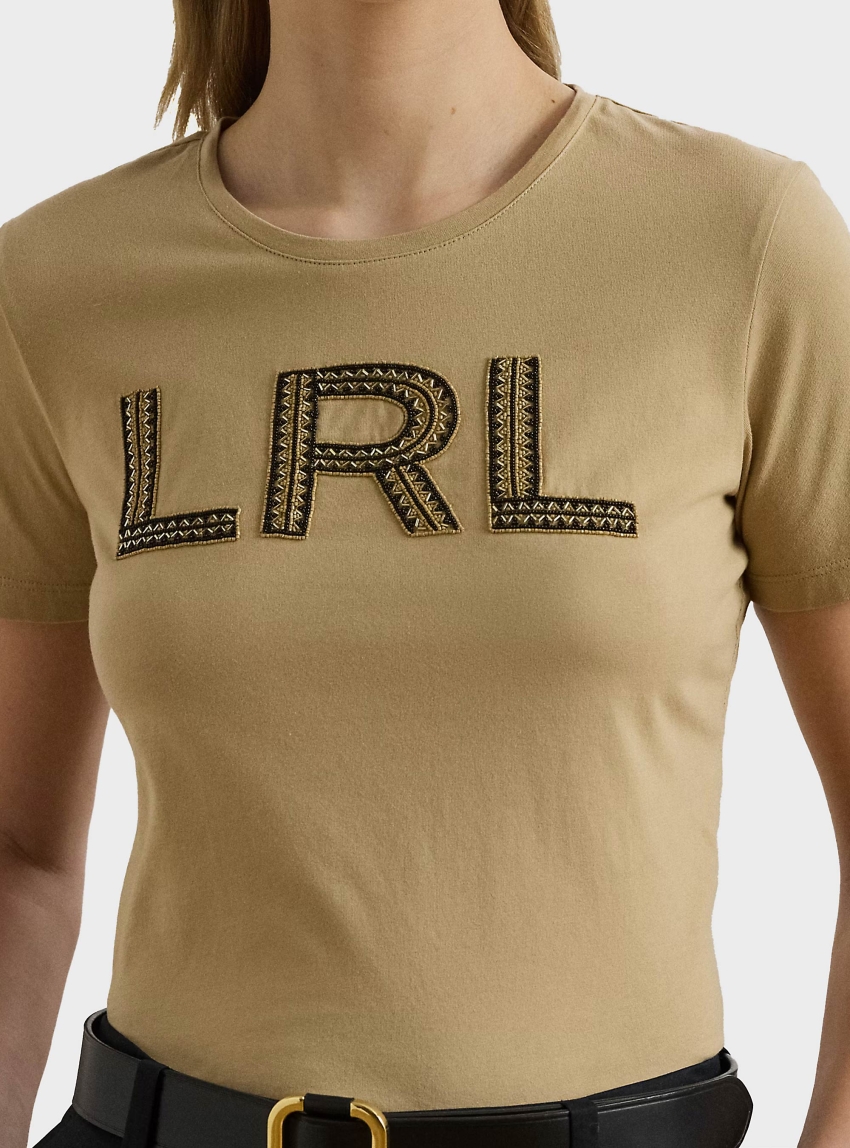 LAUREN Ralph Lauren Beaded-Logo Cotton Jersey T-Shirt - Beige