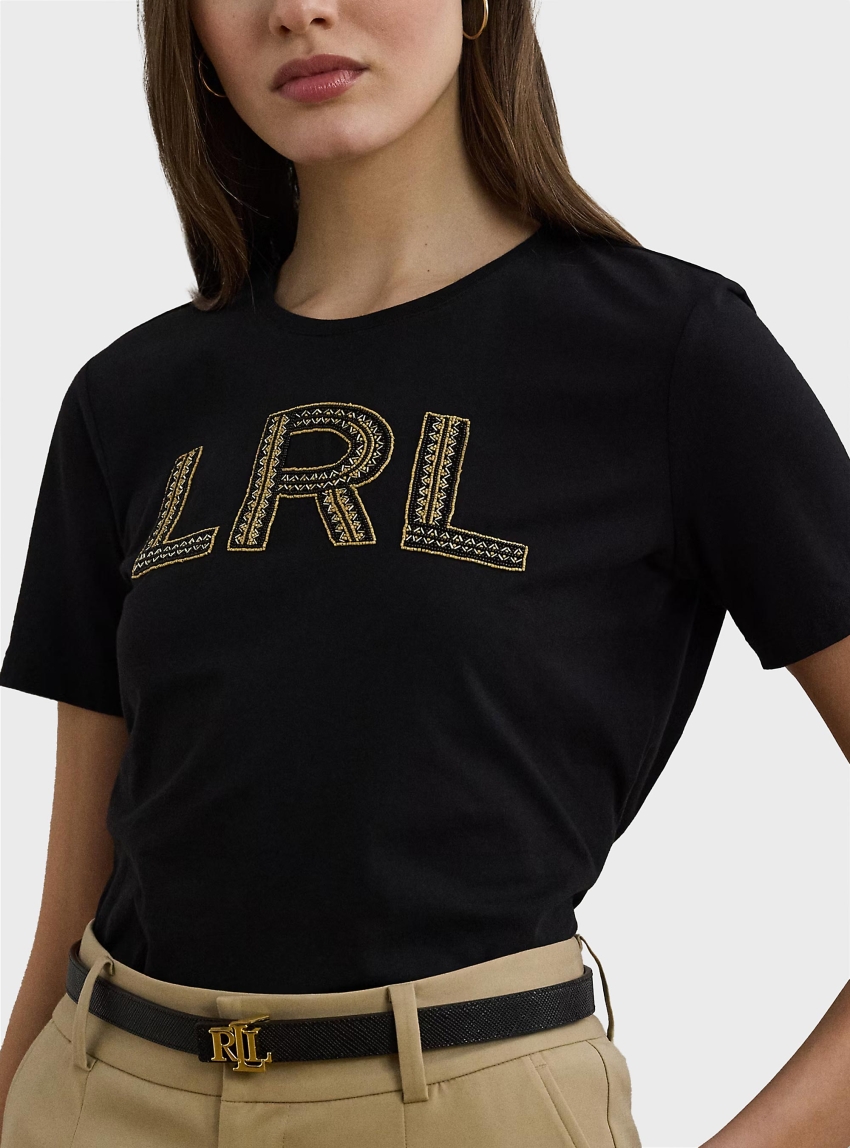LAUREN Ralph Lauren Beaded-Logo Cotton Jersey T-Shirt - Black