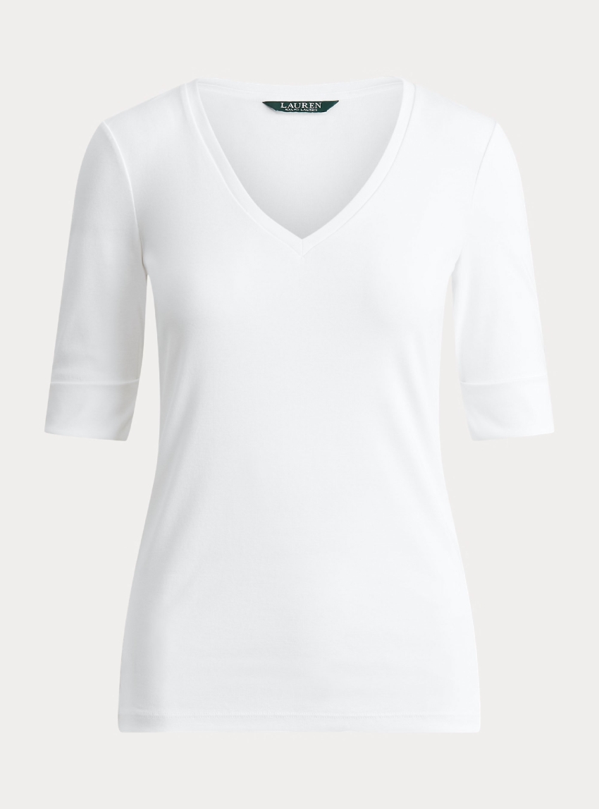 LAUREN Ralph Lauren Stretch Cotton Elbow-Sleeve V-Neck Tee - White