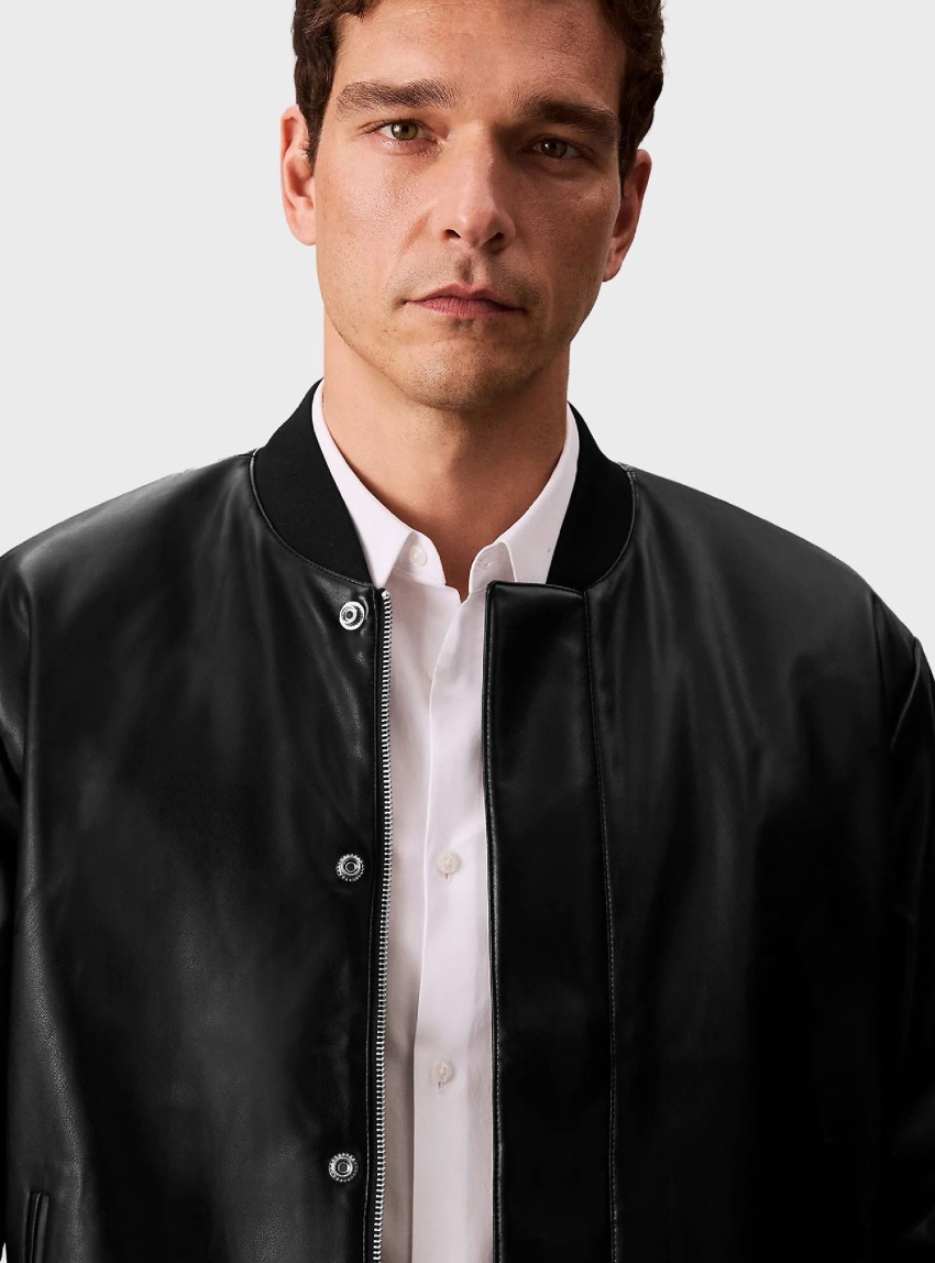 Calvin Klein Faux Leather Bomber Jacket - Black