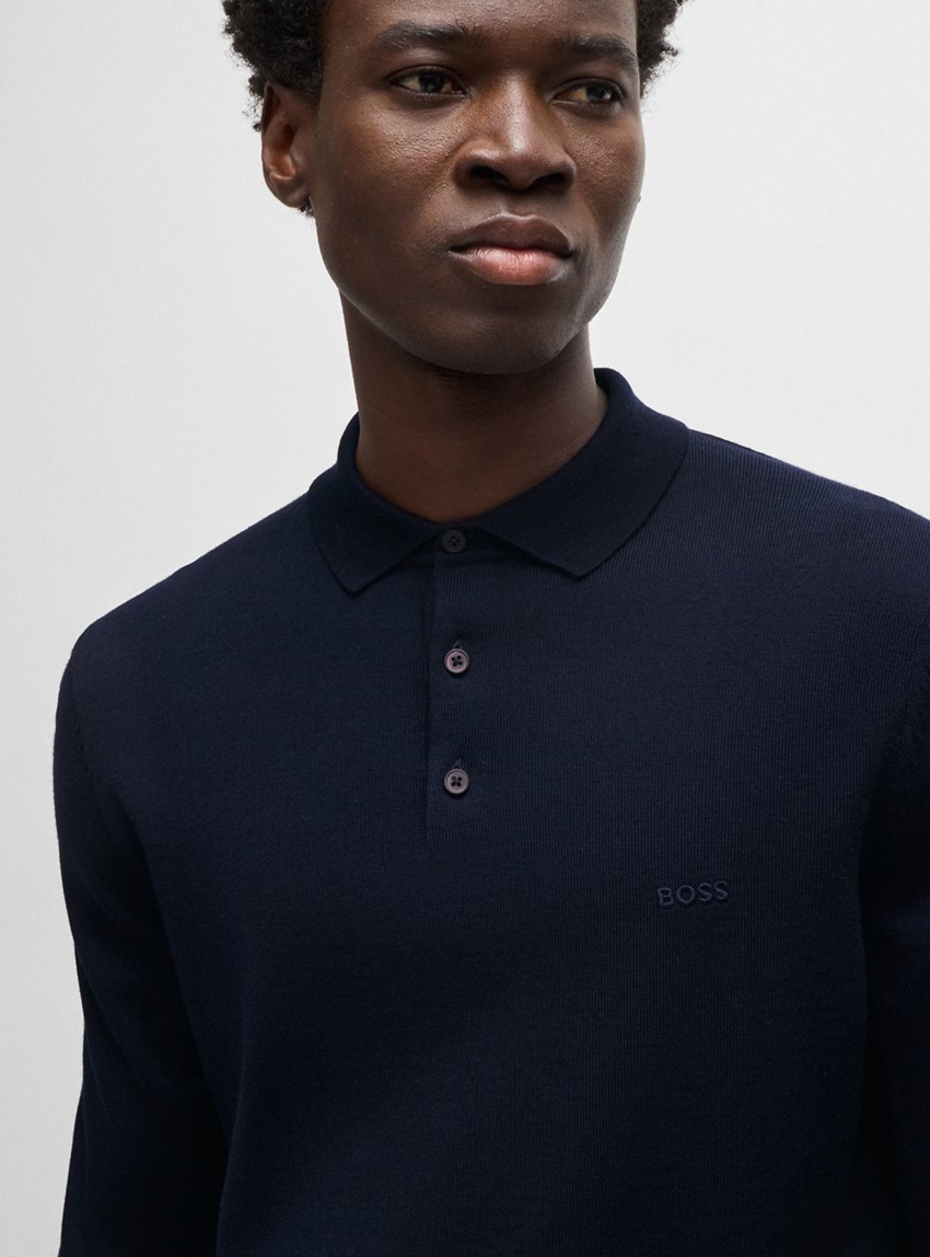 BOSS Long-Sleeved Knit Polo Sweater In Virgin Wool Bono-L - Dark Blue