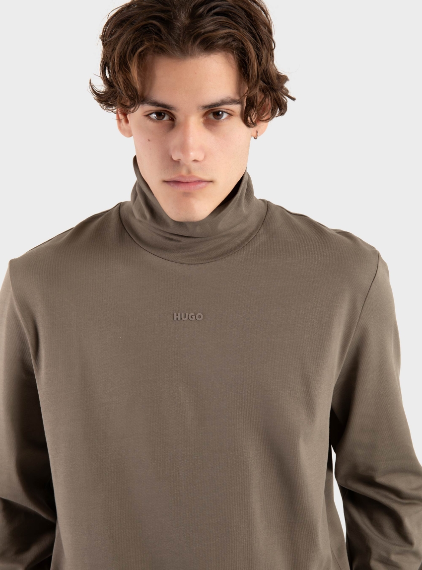 HUGO Rollneck Logo Long Sleeve T-Shirt In Cotton Daporollo - Grey