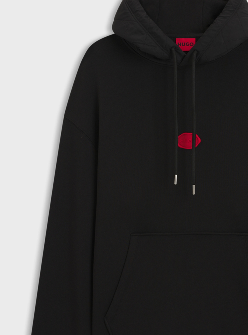 HUGO Cotton-Blend Hoodie With Waxed-Stamp Logo Dilvano - Black