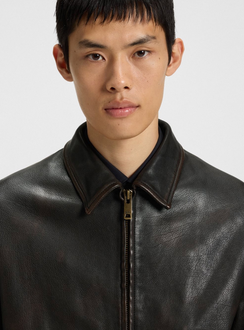 HUGO Topstitched Jacket In Grained Leather  Lapos - Brown