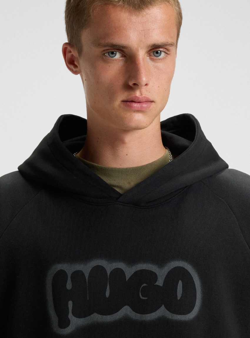 HUGO Airbrush-Logo Hoodie In Cotton Terry Nuneony - Black