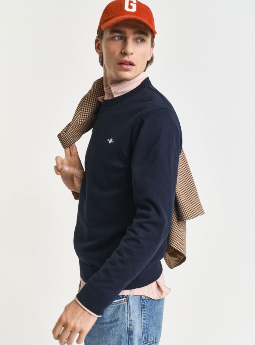 Gant Classic Cotton Crew Neck Sweater - Dark Blue