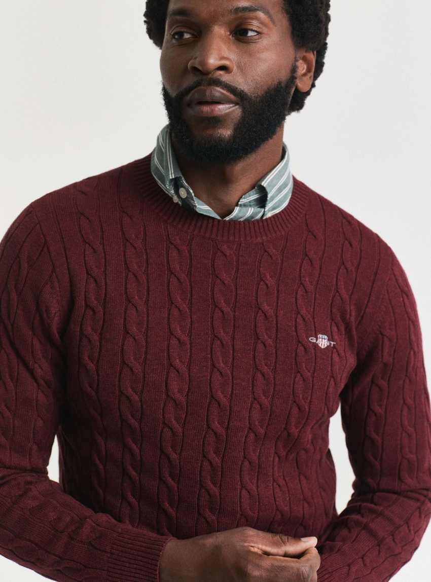 Gant Cotton Cable Knit Crew Neck Sweater - Bordeaux