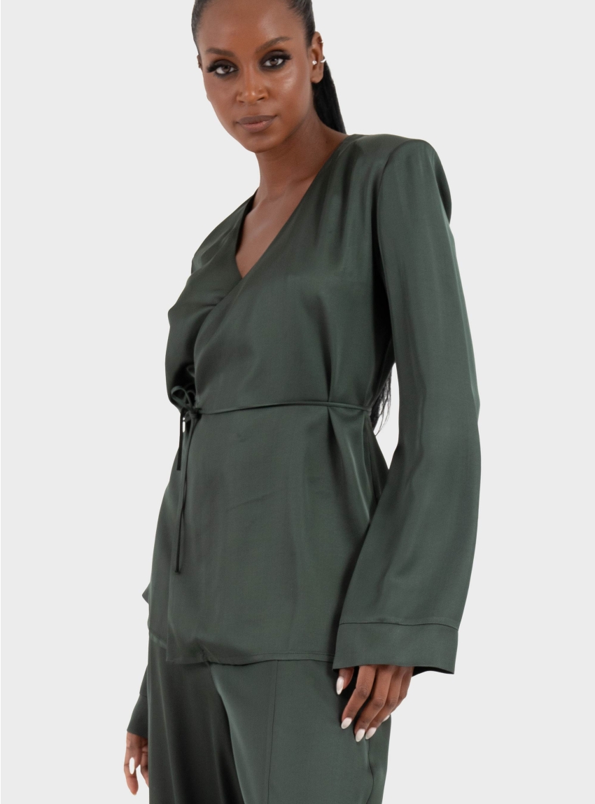 Ioanna Kourbela 'Sleekness' Longsleeve Croise Blouse - Dark Green