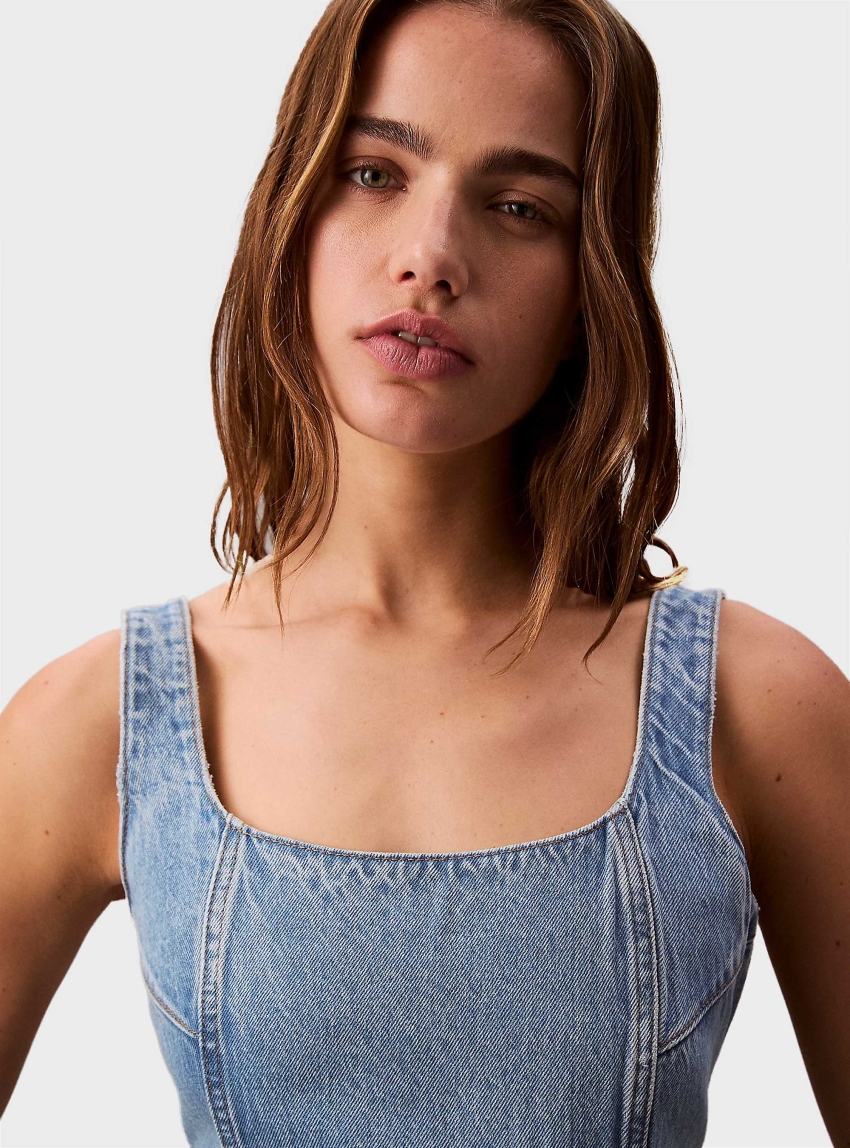 Calvin Klein Scoop Neck Denim Mini Dress - Light Aged Denim