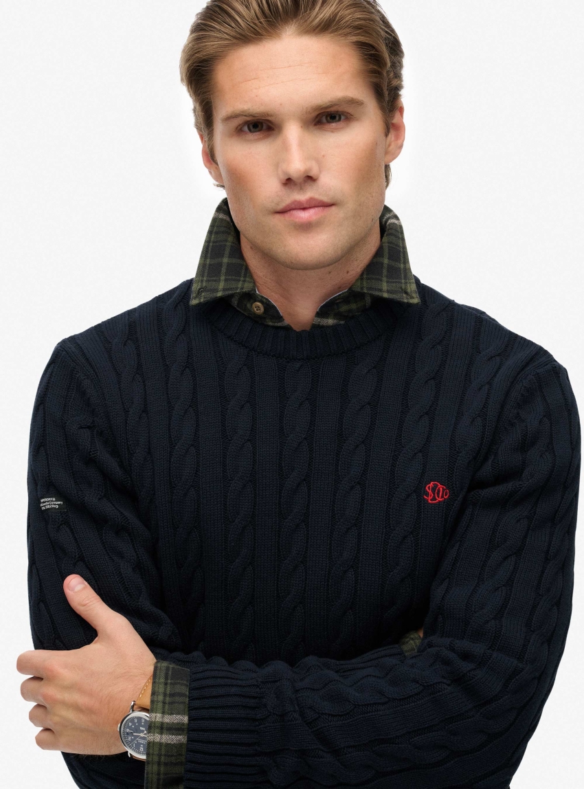 Superdry Cotton Cable Knit Crew Jumper - Blue
