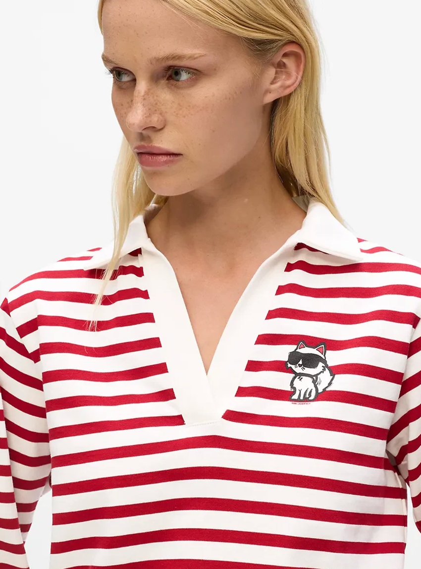 Karl Lagerfeld Ikon Striped Long-Sleeved Polo Shirt - Red