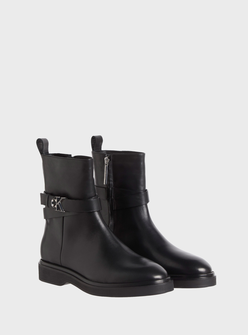 Calvin Klein Leather Signature Logo Ankle Boots - Black