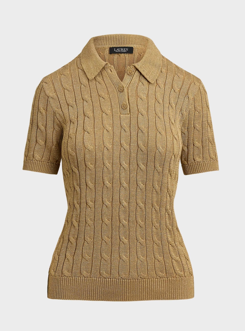 LAUREN Ralph Lauren Metallic Cable-Knit Polo Sweater - Gold