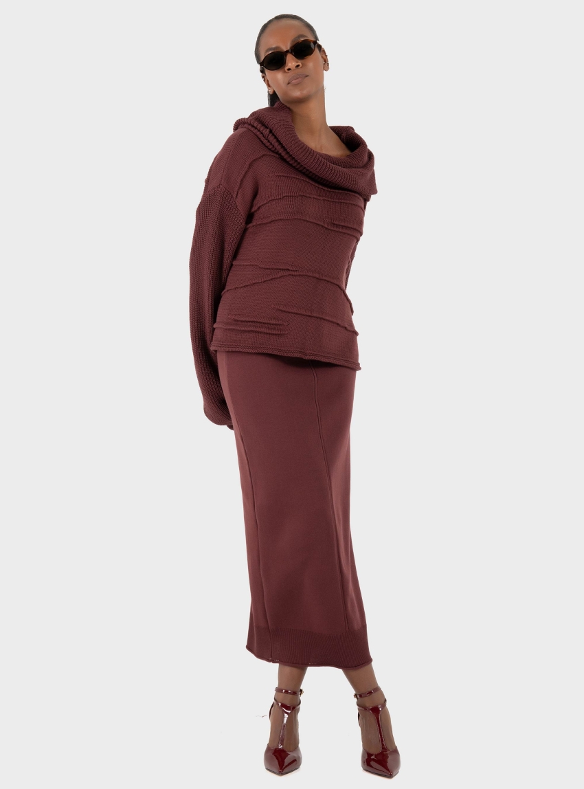 Ioanna Kourbela Knit High Neck Blouse with Ribbed Sleeves – Neutral by Nature - Bordeaux