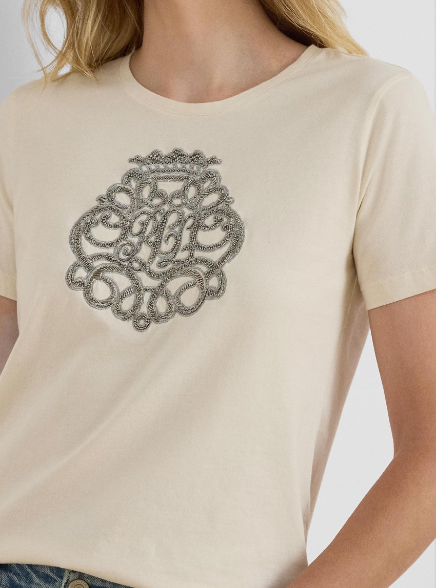 LAUREN Ralph Lauren Beaded-Crest Cotton Jersey T-Shirt - Cream