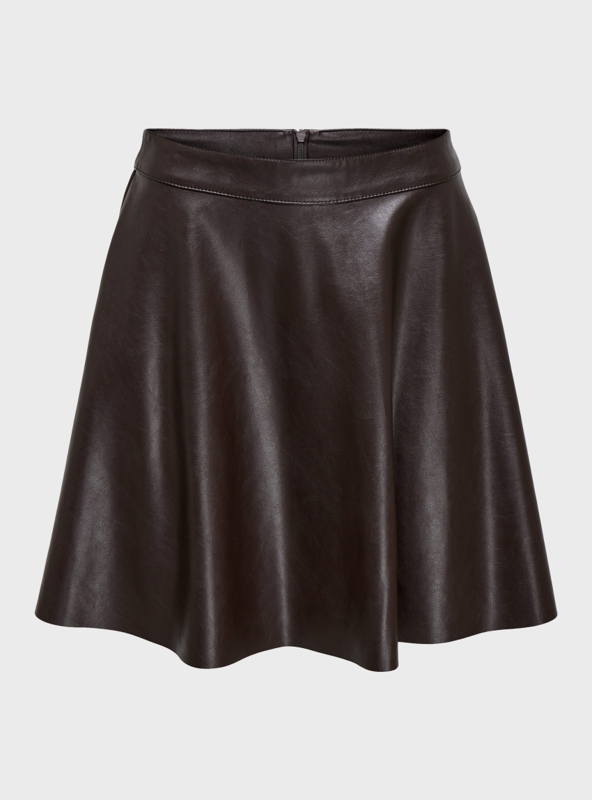 Only Una Faux Leather Flared Skirt - Dark Brown